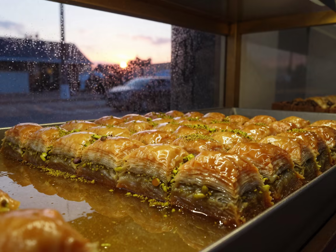 Glistening Syruped Baklava on Market Counter in at a market stall counter in San Diego, Cartagena