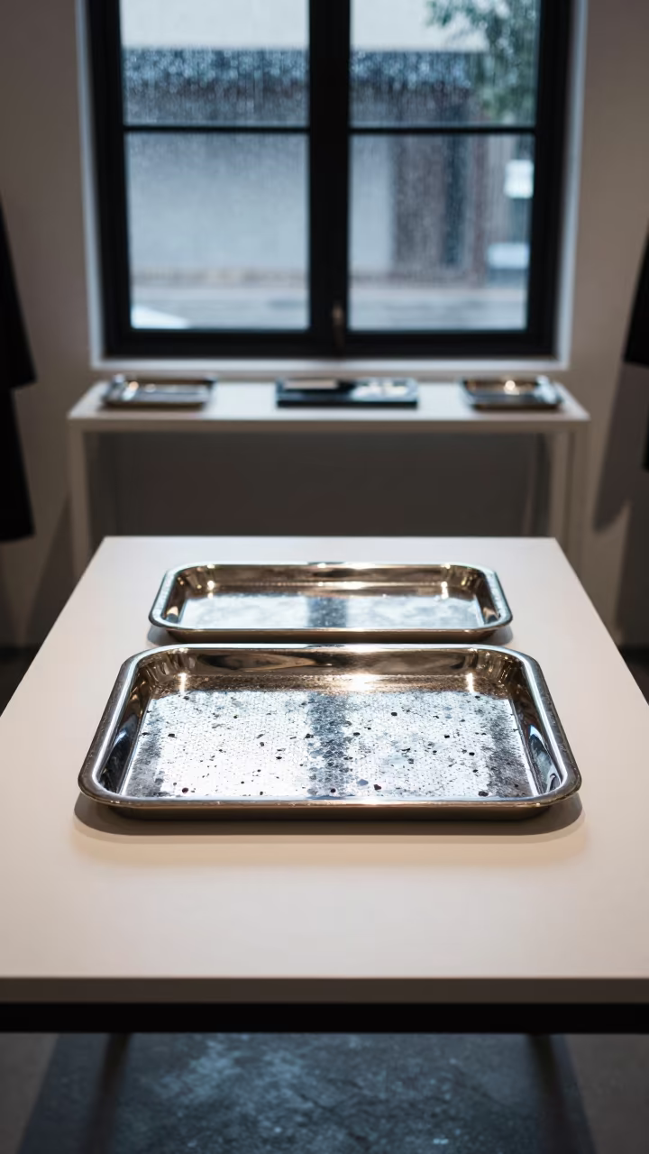 Glittering Beading Tray Runway Dress Changsha in inside a minimalist showroom in Changsha