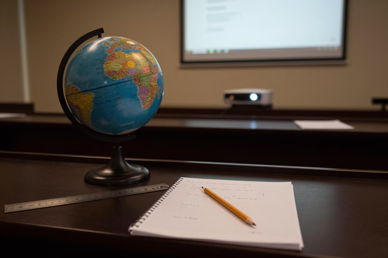 Globe and Pencils on Seminar Table in Pushkar in at a seminar table covered in notes in Pushkar