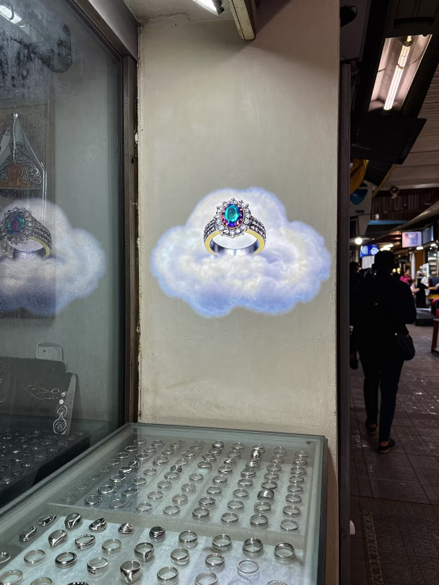 Glory Ring of Light on Cloud at Katsina Jewelry Counter in at a jewelry counter inside a covered bazaar in Katsina