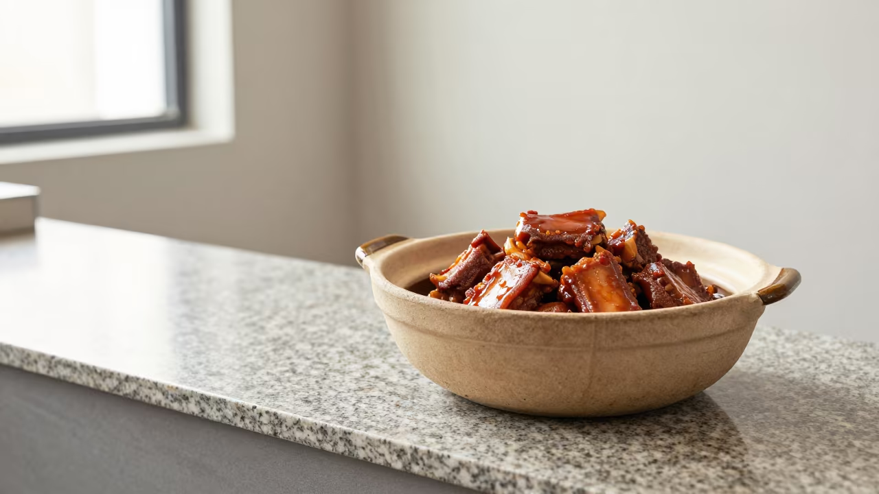 Glossy Braised Short Ribs in Clay Pot at Jinan Market in at a market stall counter in Jinan