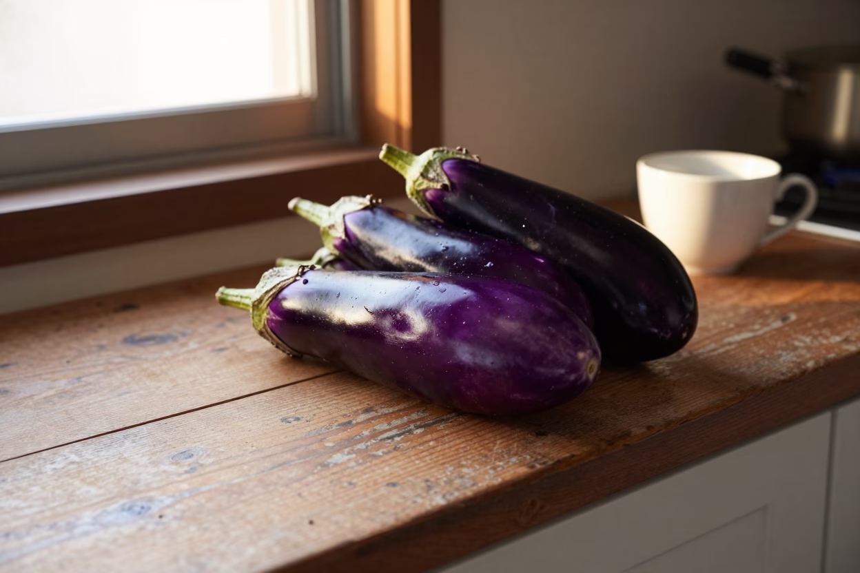 Glossy Purple Eggplants in Sapporo in in Sapporo, Japan