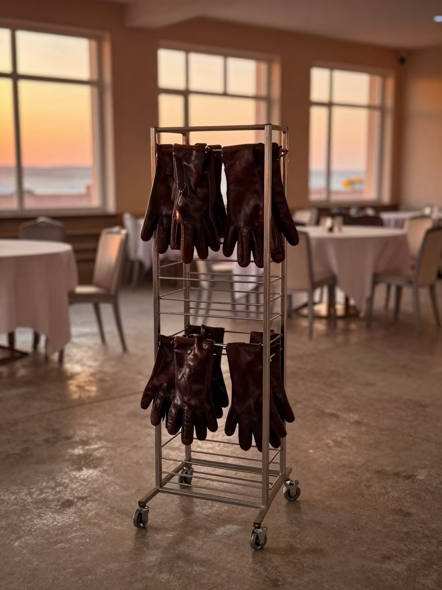 Glove Dryer Rack in Benghazi Banquet Hall in inside a banquet hall before service in Benghazi