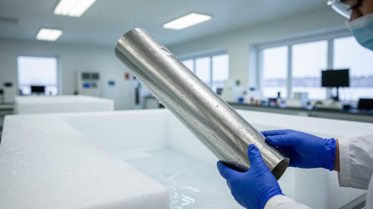 Gloved Hands Lift Ice Core in Murmansk Lab in in Murmansk