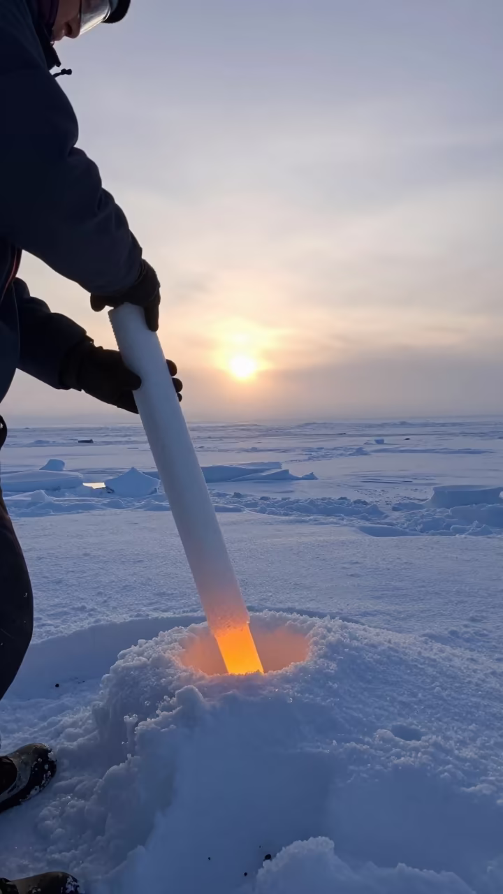 Gloved Hands Lifting Ice Core at Sunset in near Oslo