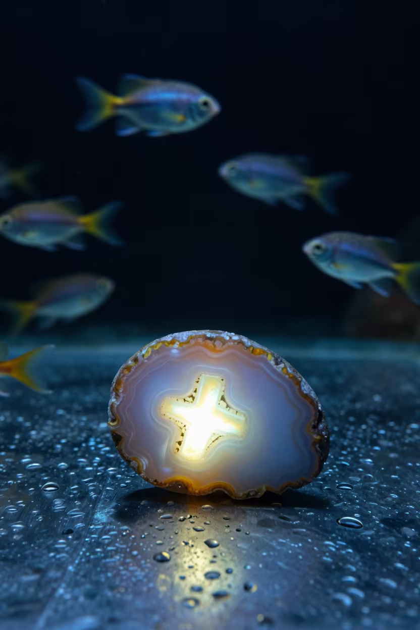 Glowing Agate Cross Section with Tropical Fish in across a rain-beaded metal surface in Sylhet