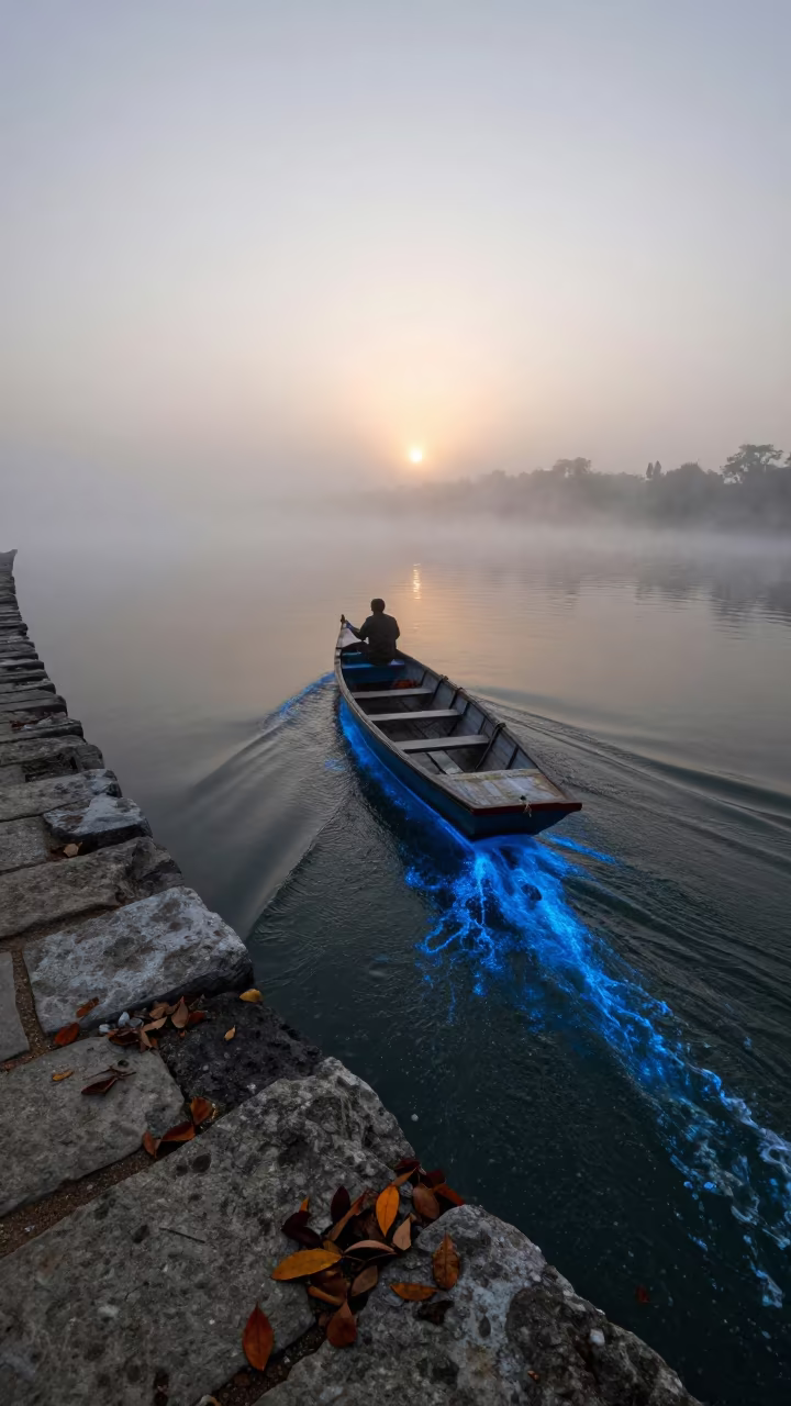Glowing Algae Wake on Misty Causeway in on a wind-open causeway in Arunachal Pradesh