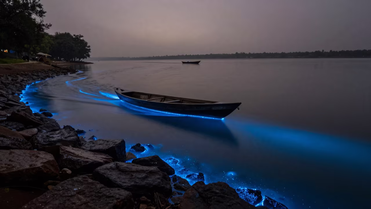Glowing Algae Wake Rowing Boat Dawn Jabalpur in along a switchback approach near Jabalpur