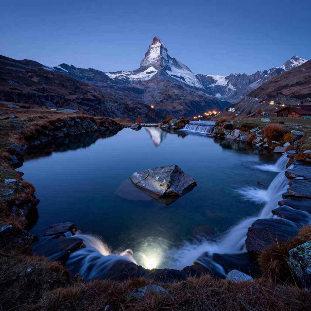 Glowing Alpine Tarns Blue Hour Zermatt in from a ridge above layered foothills near Zermatt