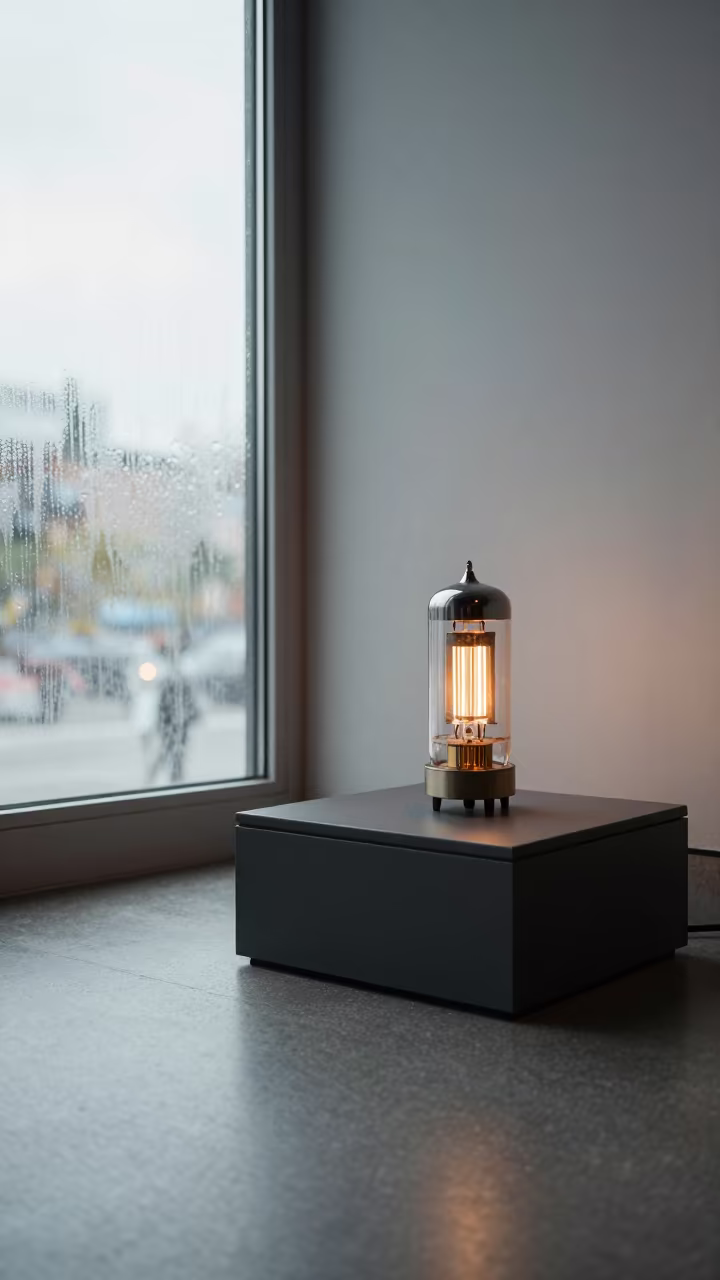 Glowing Amber Vacuum Tube on Museum Plinth in on a museum plinth in Cologne