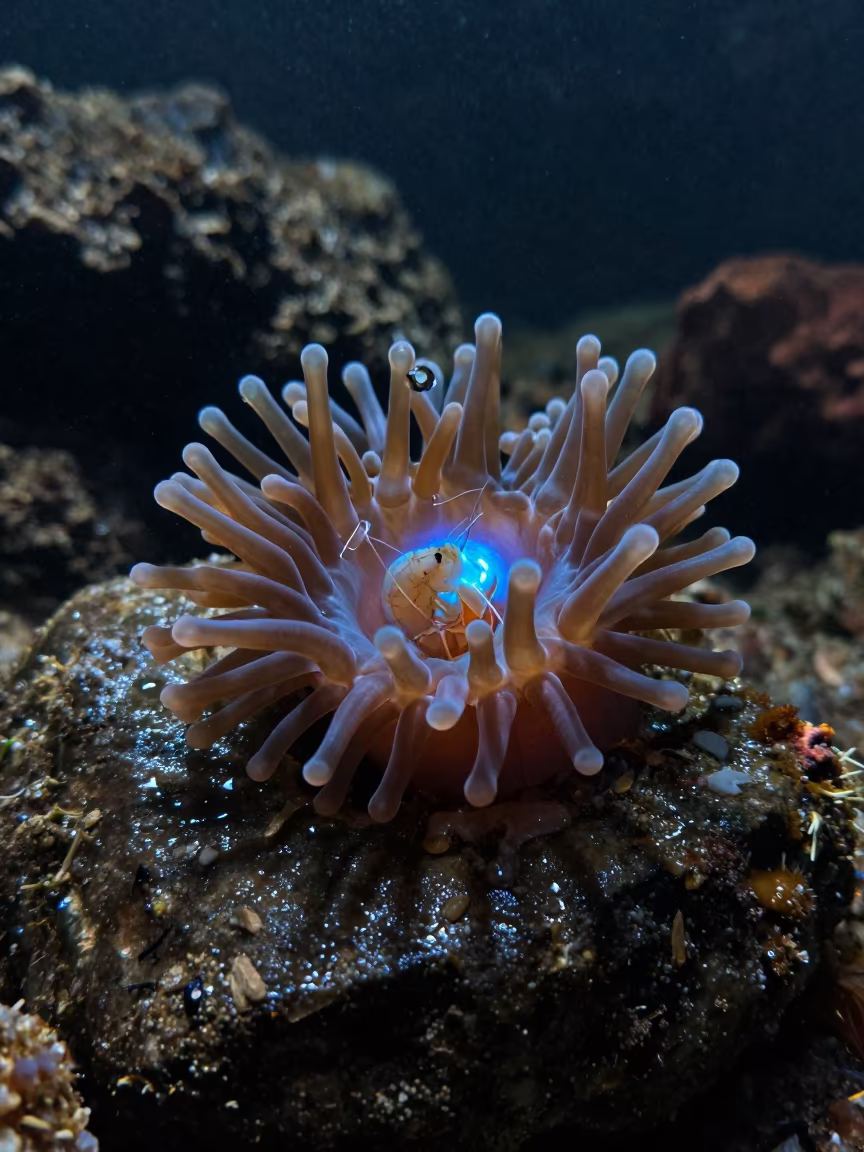 Glowing Anemone and Shrimp in Catalan Drizzle in in Catalonia