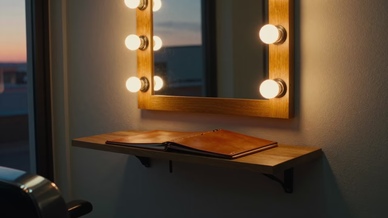 Glowing Barber Binder Shelf Cuenca Sunset in at a barber station beneath mirror bulbs near Cuenca