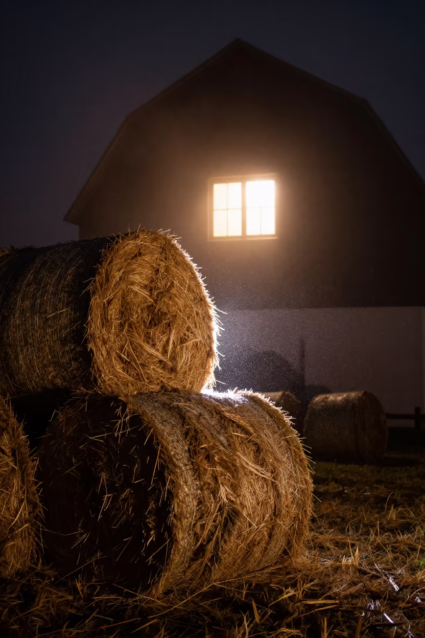 Glowing Barn Window Over Autumn Hay Bales in beside stacked hay bales in Germany