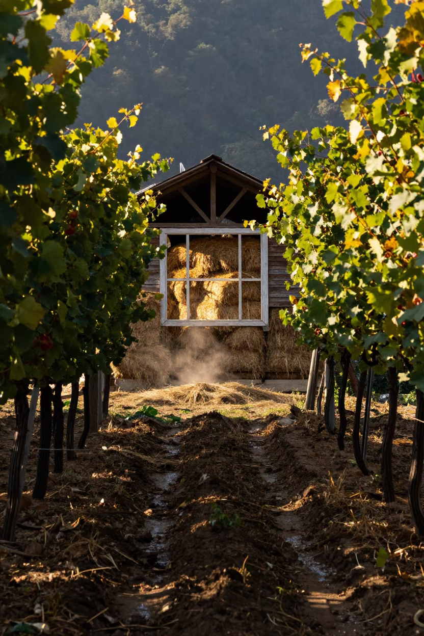 Glowing Barn Window Over Hay in Arunachal Vineyard in between vineyard trellises in Arunachal Pradesh