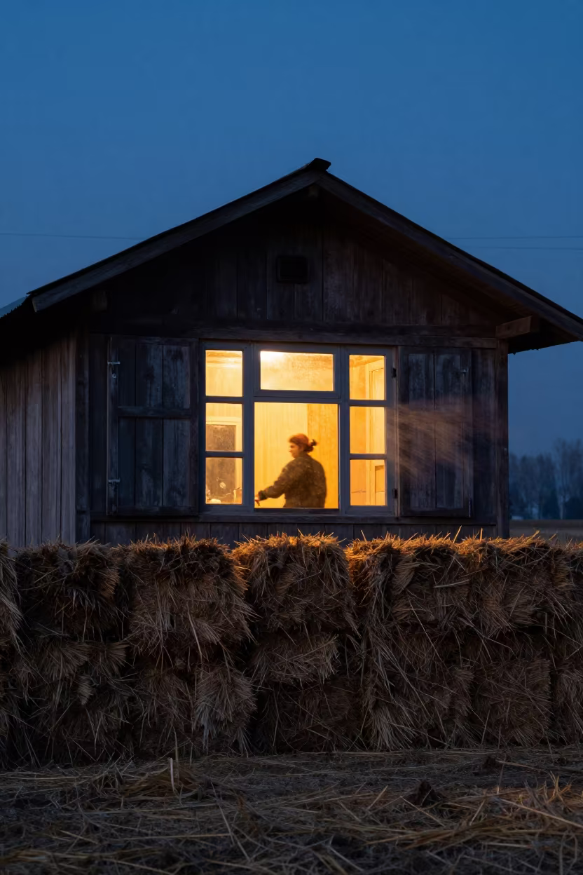 Glowing Barn Window Over Hay Bales in Srinagar in beside stacked hay bales in Srinagar