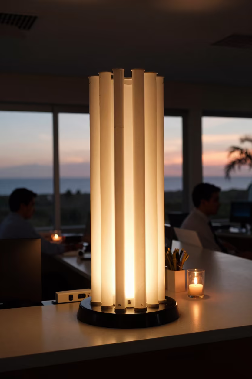 Glowing Benefits Banner Tube at Reception Desk in at an office reception desk in Isla Margarita