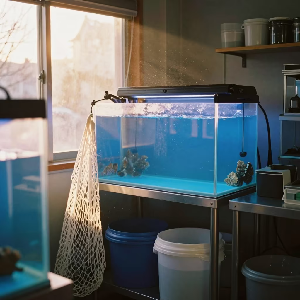 Glowing Blue Frag Tank in Vancouver Aquarium Store in inside a marine aquarium service room in Vancouver