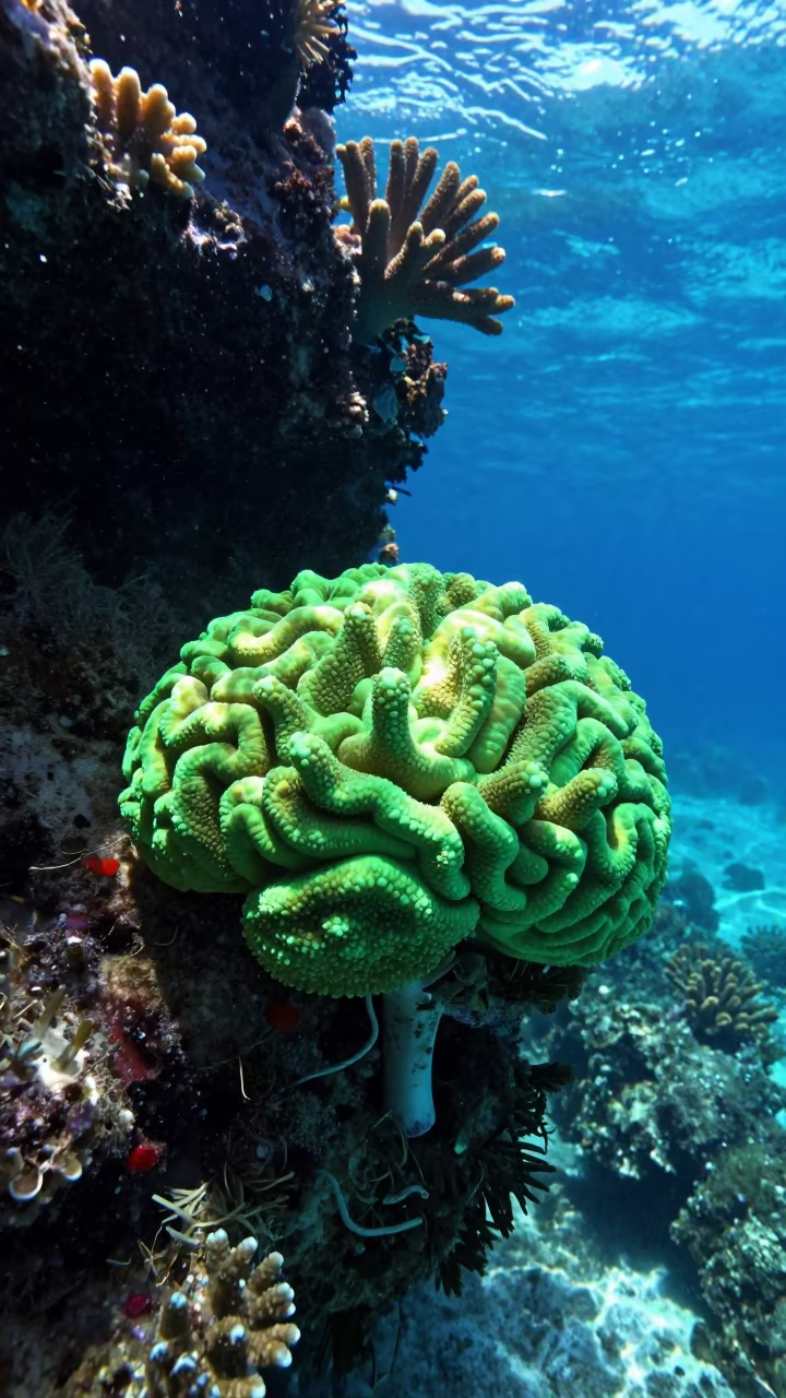 Glowing Brain Coral Under Noon Reef Light in beside a volcanic reef overhang near Stone Town