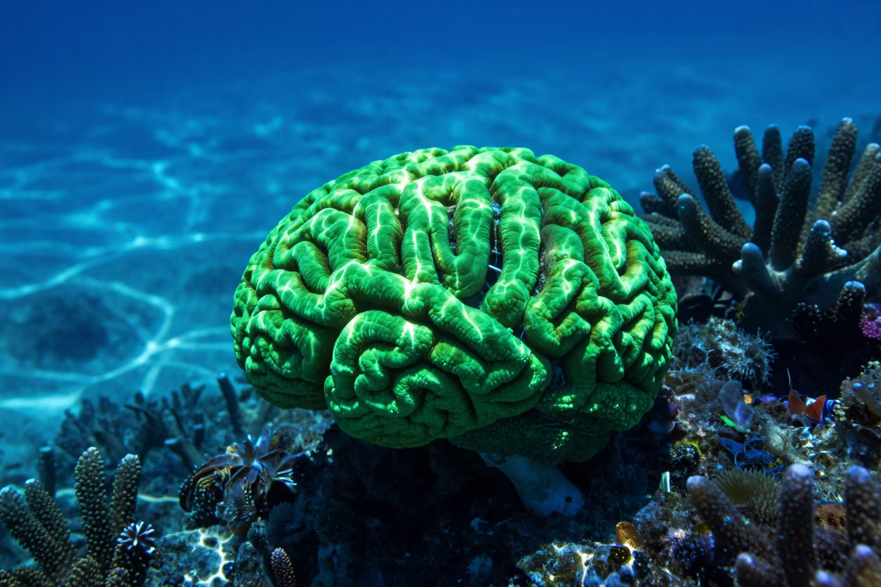Glowing Brain Coral Underwater Near Stone Town in along a coral wall with blue water beyond near Stone Town