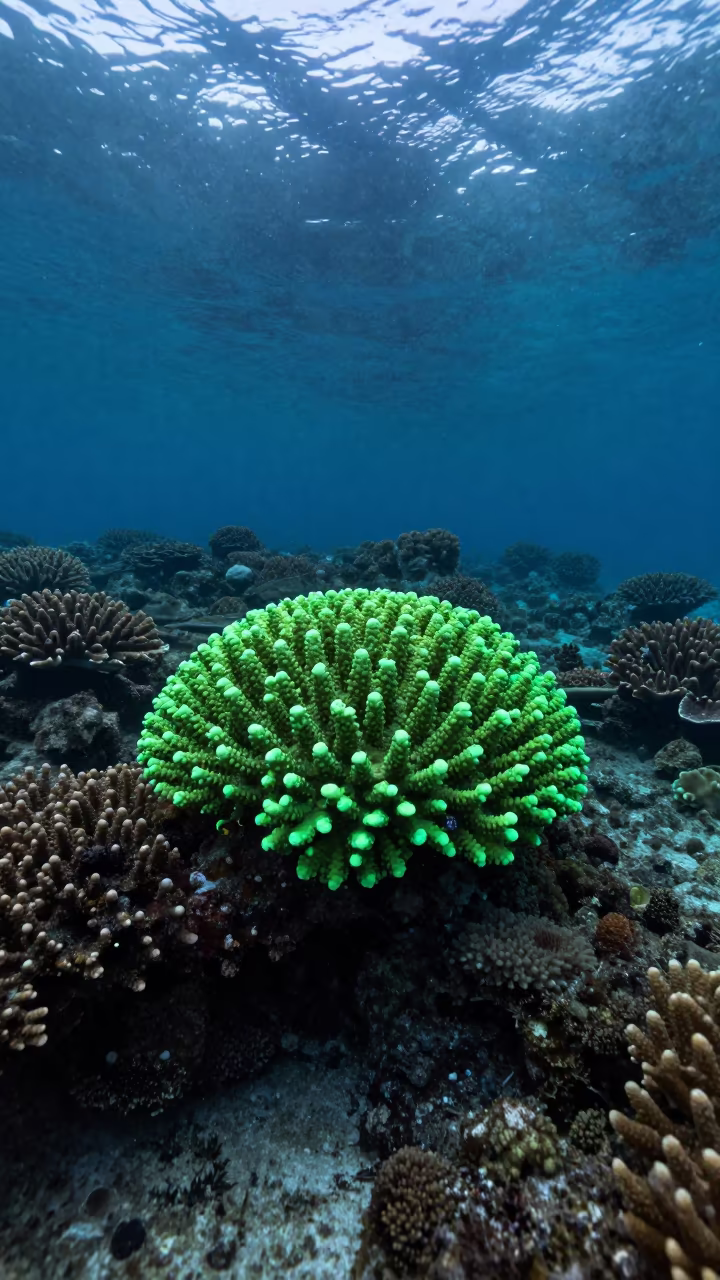 Glowing Brain Coral Under UV Reef Light Belize in beneath a reef ledge in tropical shallows near Belize City