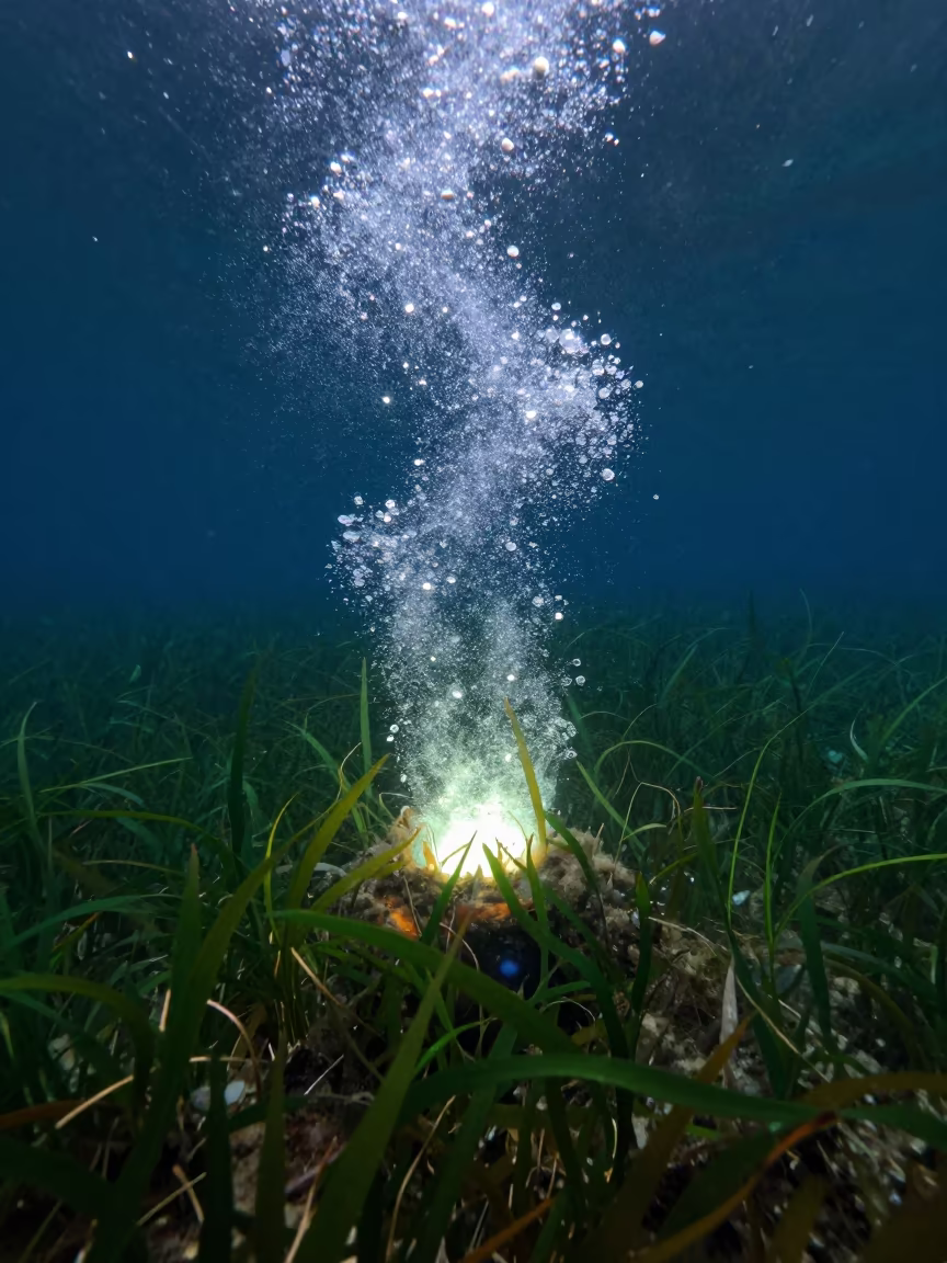 Glowing Brine Pool Deep Sea Floor in above a seagrass meadow near Sant Antoni, Barcelona