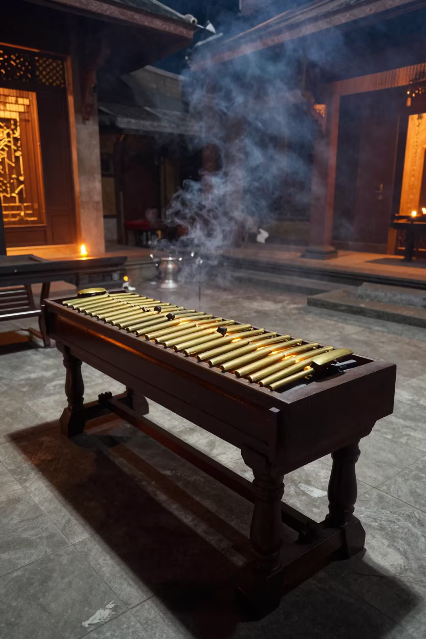 Glowing Bronze Gamelan in Midnight Jakarta Temple in in a temple precinct in Jakarta
