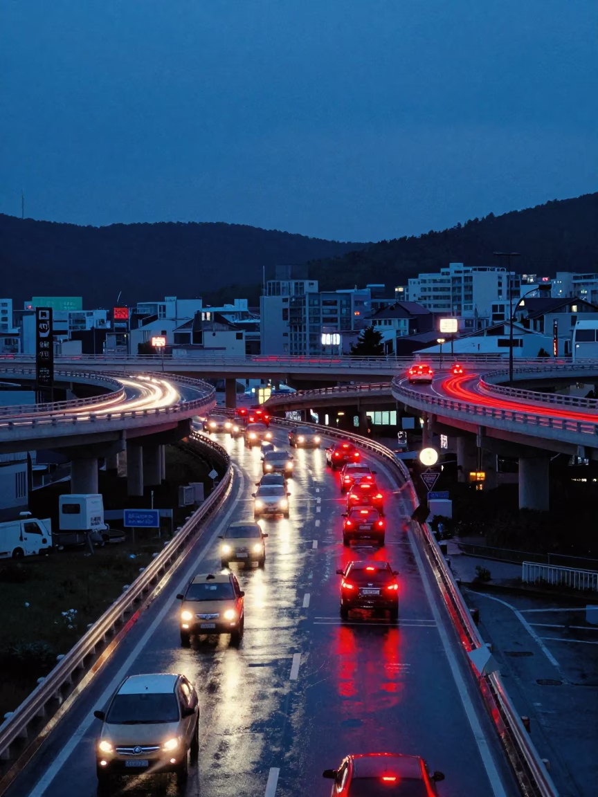 Glowing Busan Overpass Interchange Taillights After Rain at Blue Hour South Korea in in Busan, South Korea