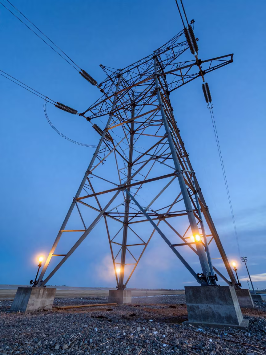 Glowing Busbars Under Ice Blue Twilight Alberta in beneath transmission towers in Alberta