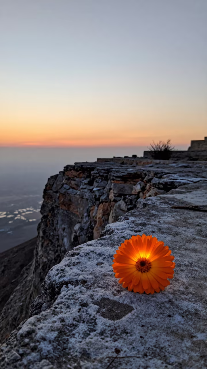 Glowing Calendula at Winter Sunset Cliff Edge in along a salt-sprayed cliff edge near Alexandria
