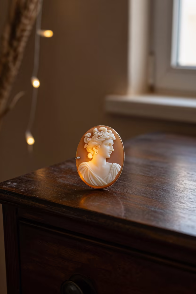 Glowing Cameo Pin on Lacquered Dresser in on a bedside table near Asyut