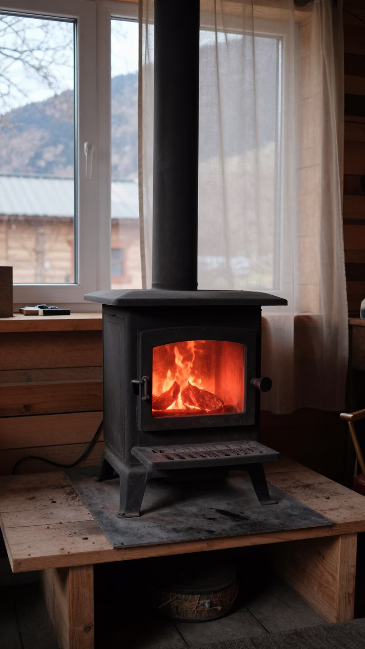 Glowing Cast Iron Stove in Almaty Cabin in on a wooden workbench in Almaty