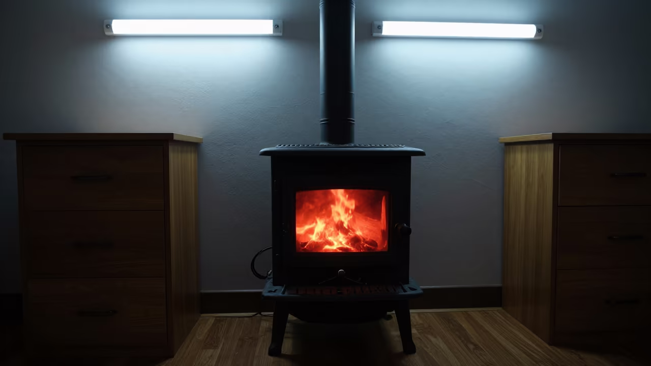 Glowing Cast Iron Stove on Hotel Dresser in on a hotel dresser near Vancouver