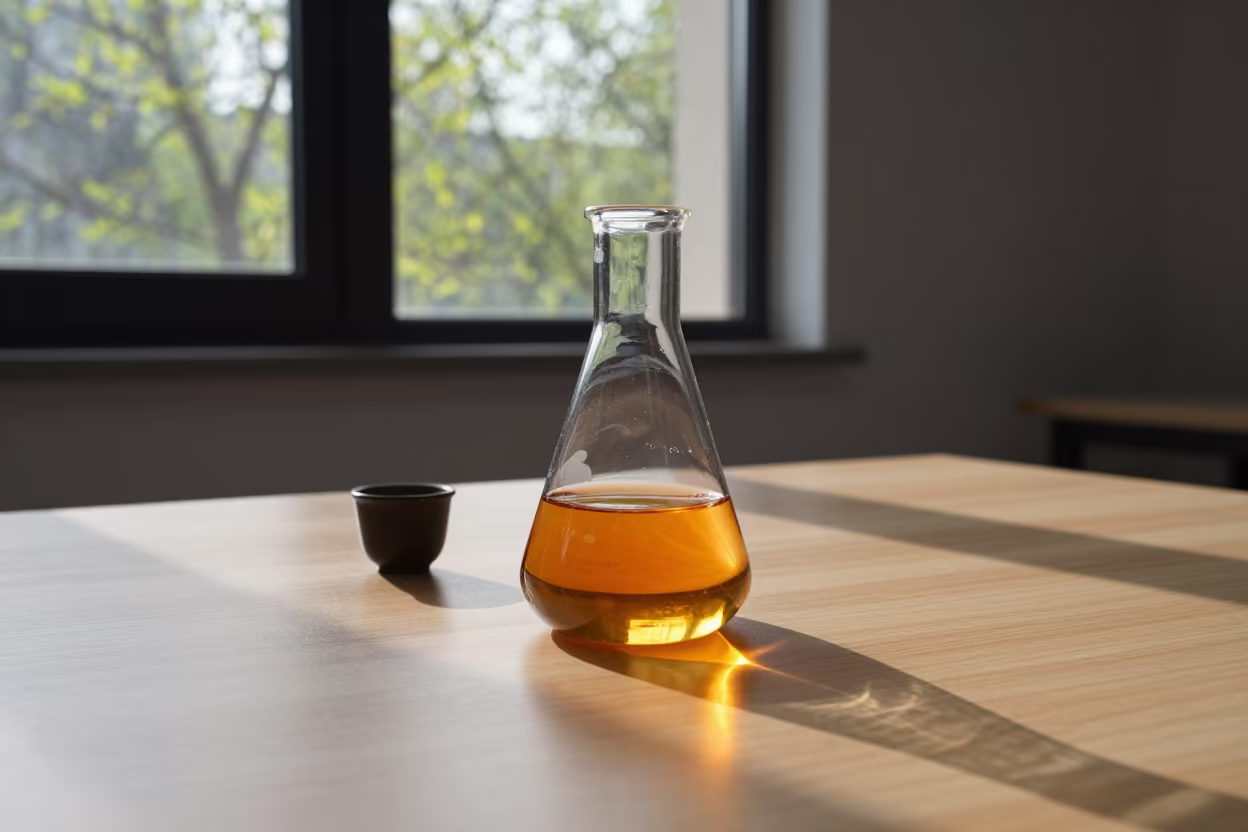 Glowing Chemistry Flask on Cafe Table in on a cafe table by a window near Wuhan