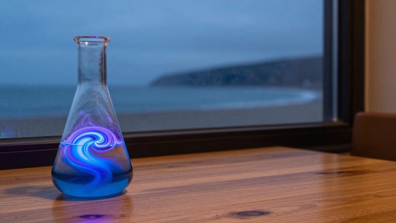 Glowing Chemistry Flask on Night Cafe Table in on a cafe table by a window near Baía Farta