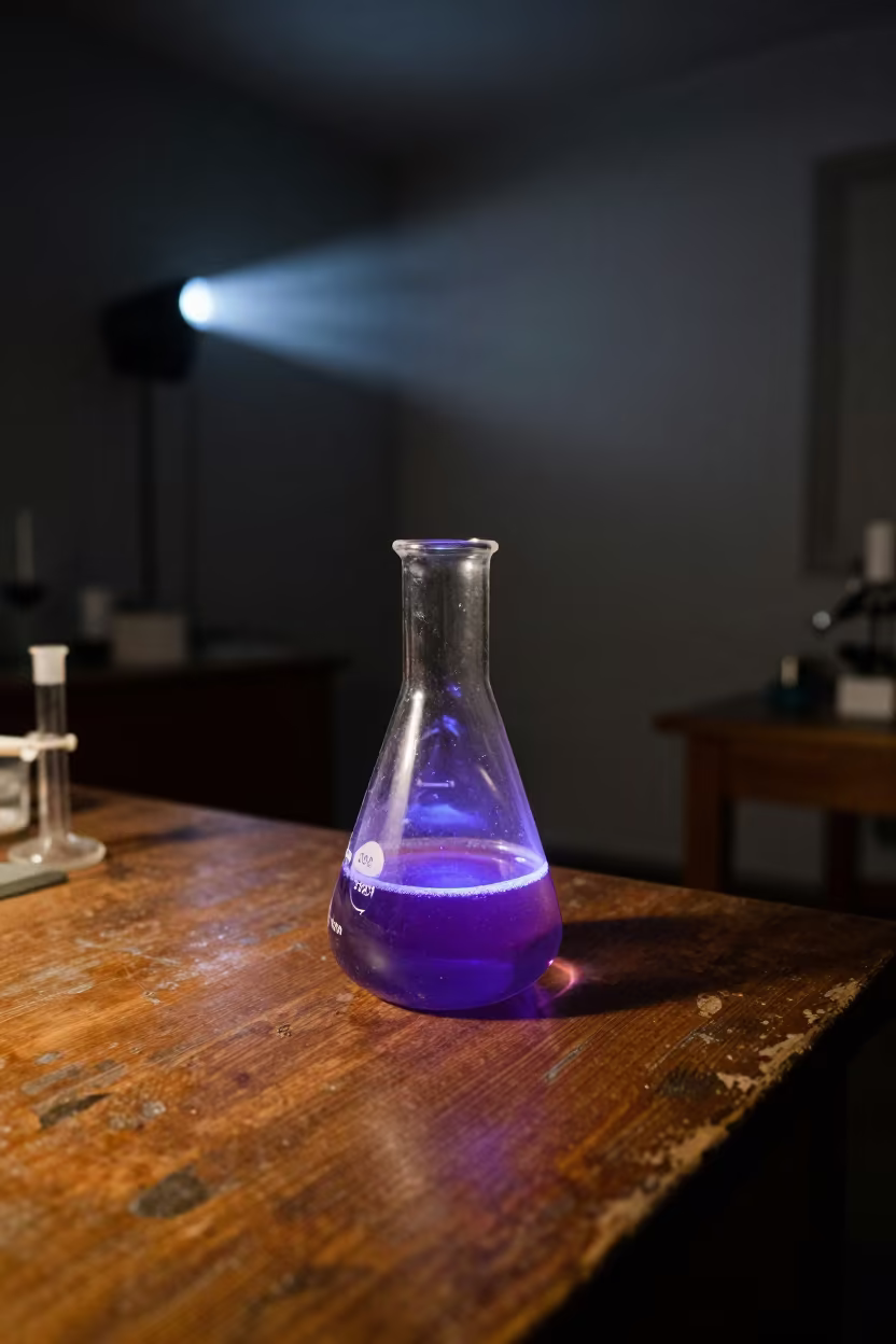 Glowing Chemistry Flask on Night Desk in on a writing desk in Rennes