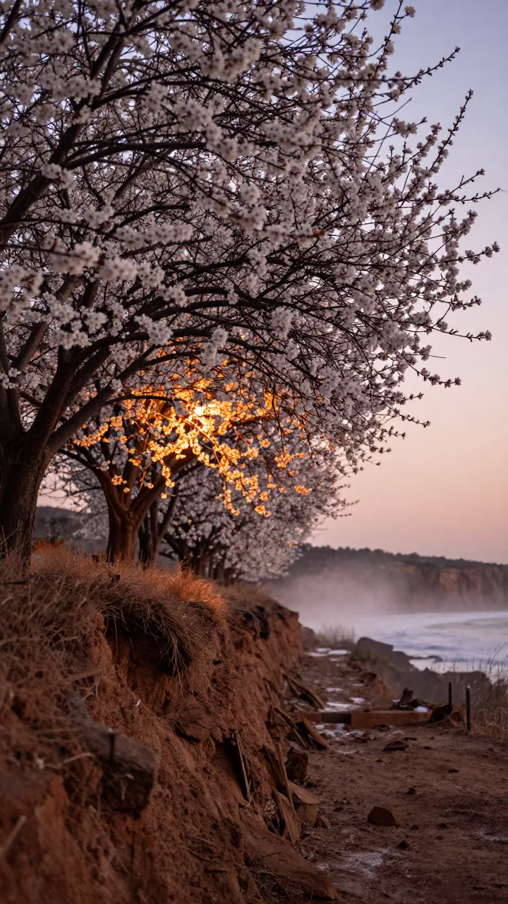 Glowing Cherry Blossom on Polokwane Cliff Edge in along a salt-sprayed cliff edge near Polokwane