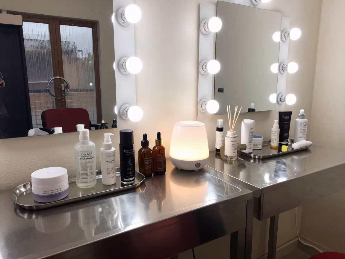 Glowing Diffuser Beside Stainless Trays in Ndjamena in at a barber station beneath mirror bulbs in Ndjamena