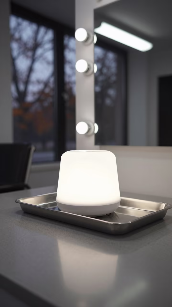 Glowing Diffuser in Mostar Barber Station in at a barber station beneath mirror bulbs in Mostar