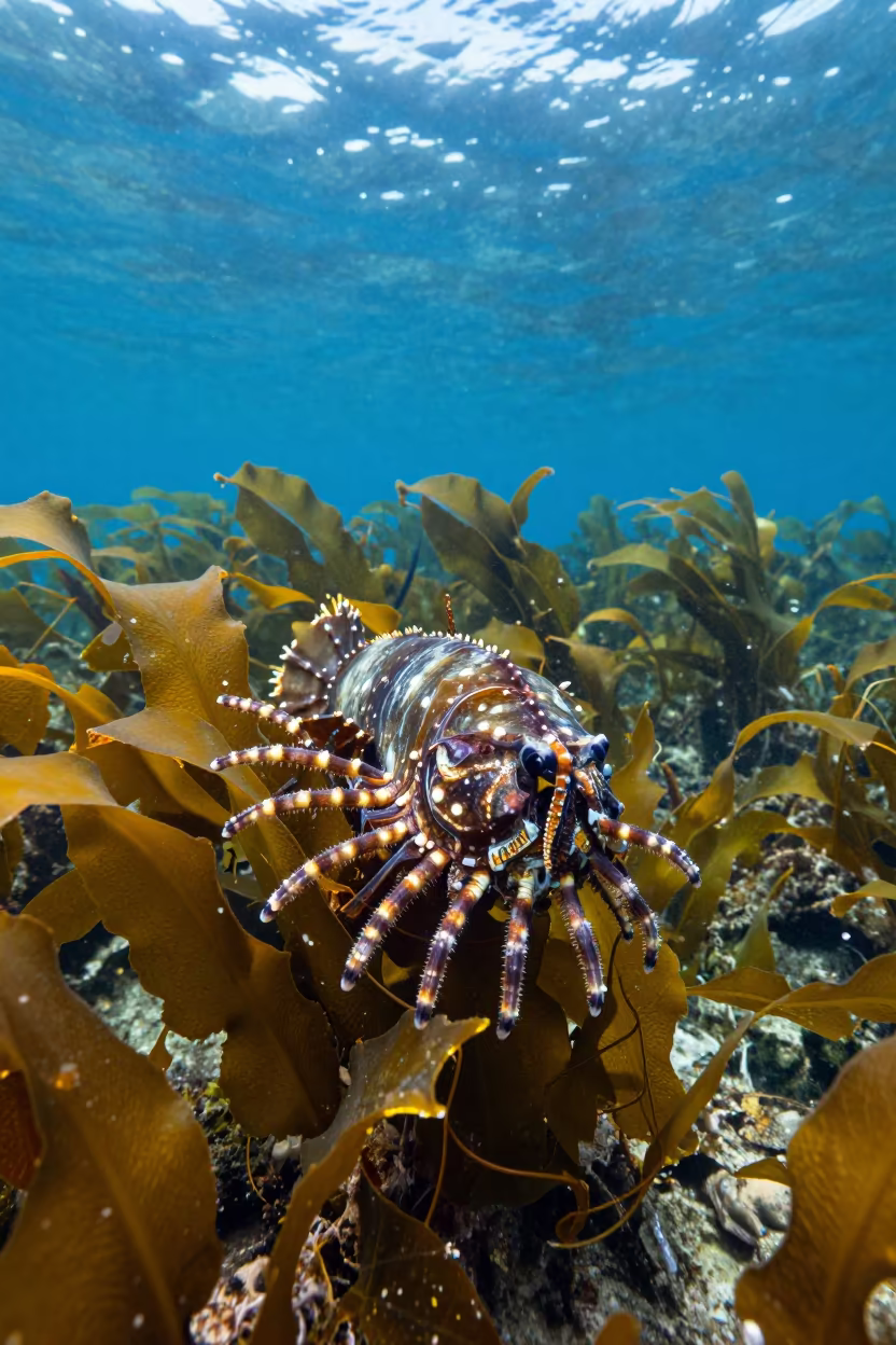 Glowing Dragonfish Amidst Sicilian Kelp Shelf in along a kelp-fringed shelf in Sicily