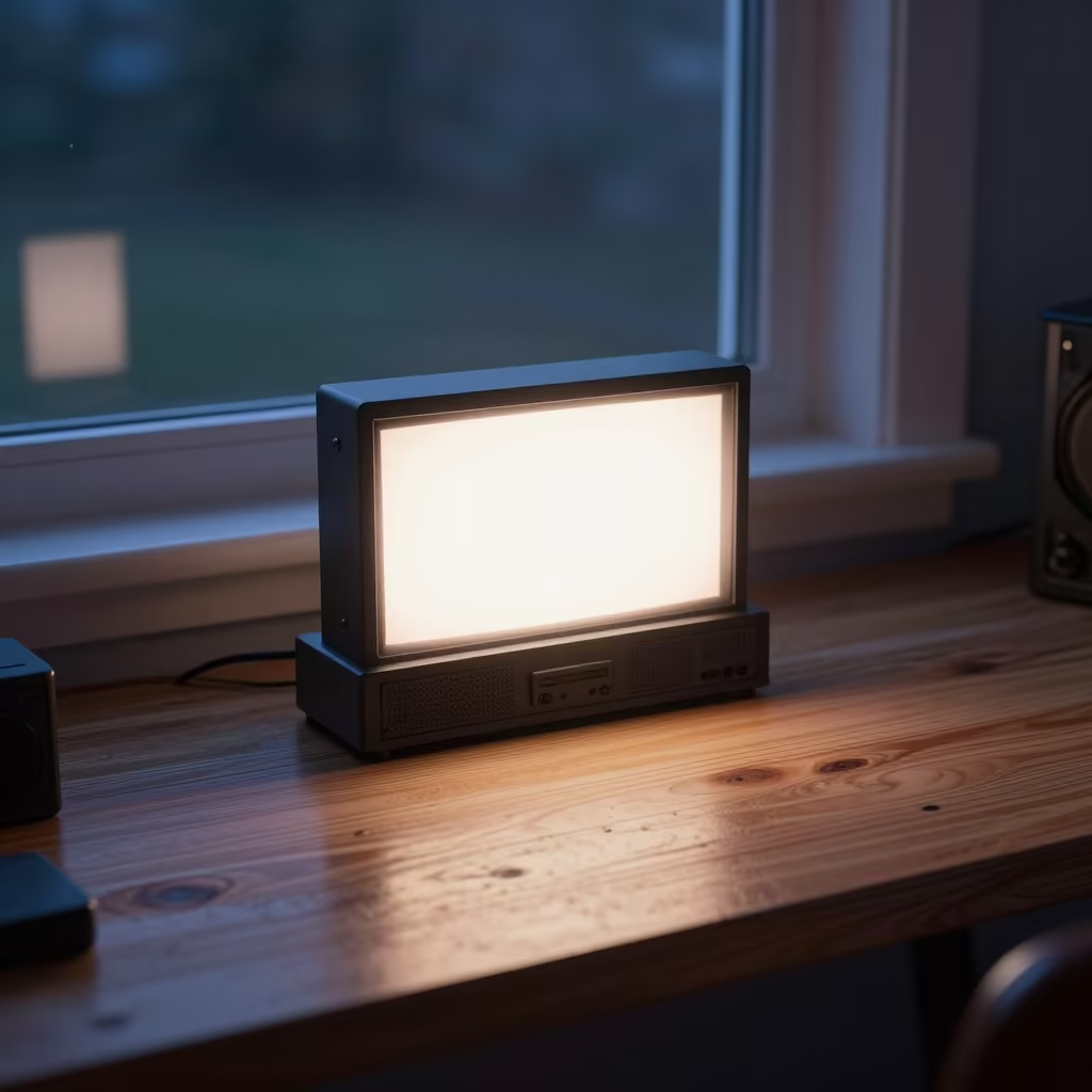 Glowing Drive-in Screen on Wooden Bench in on a wooden workbench in Bobo-Dioulasso