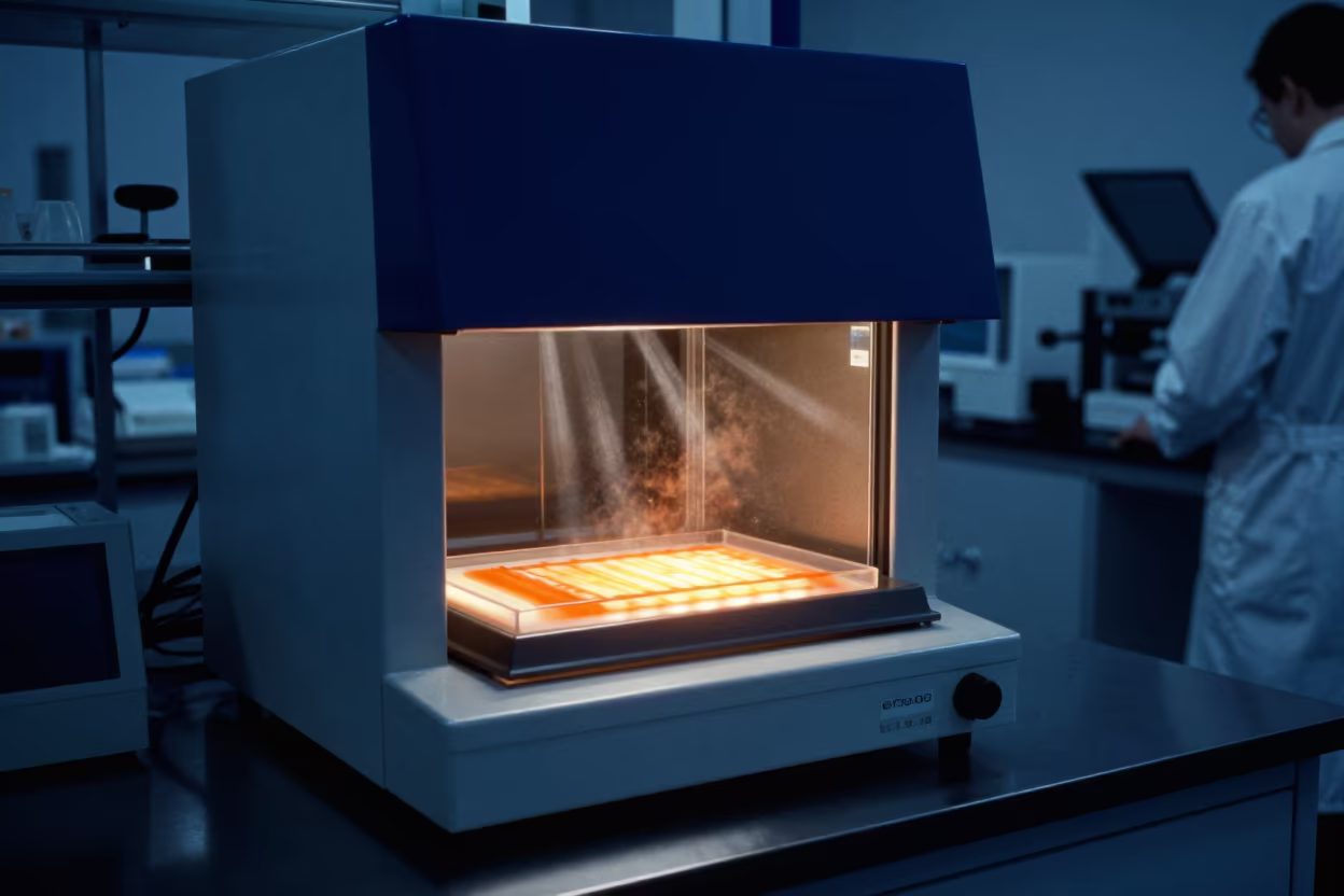 Glowing Electrophoresis Gel in Guelph Lab in inside a clean room in Guelph