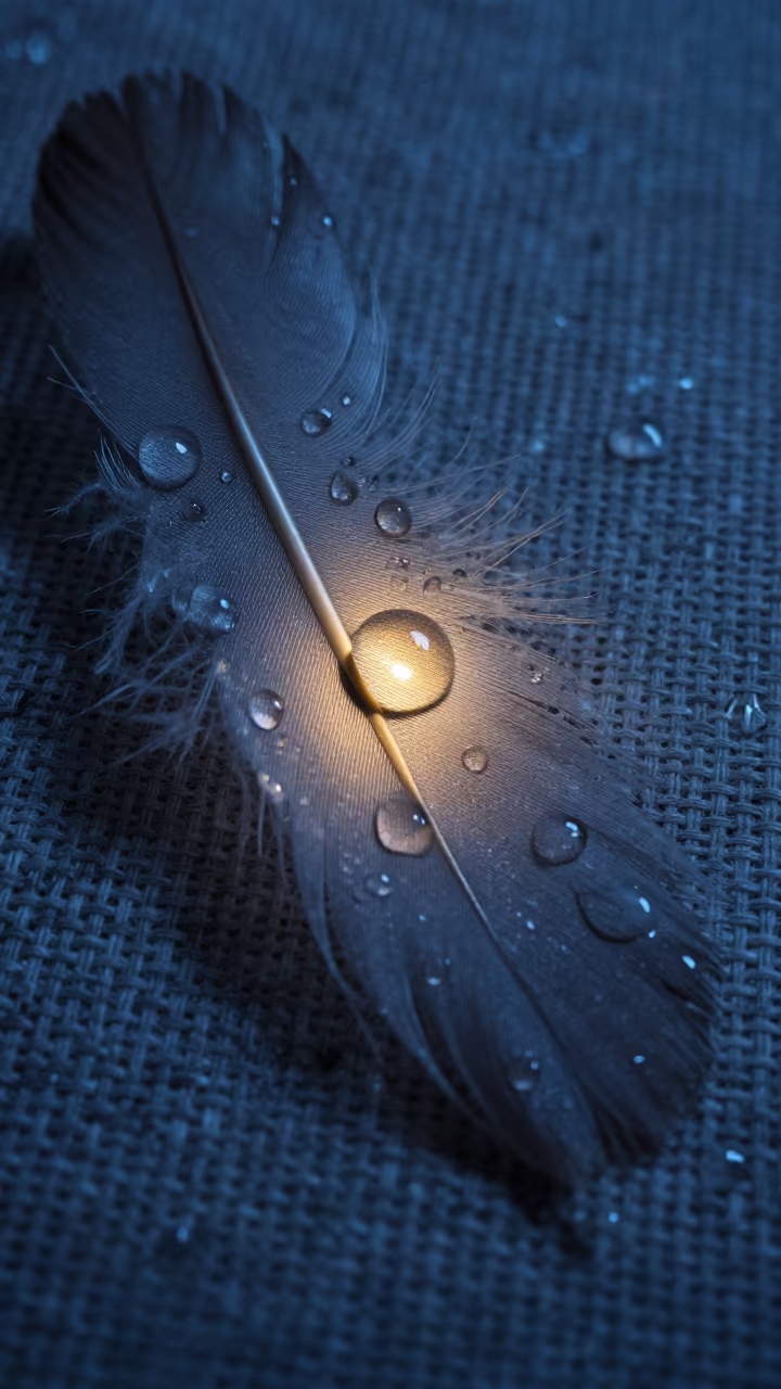 Glowing Feather Droplets Blue Hour Banos in against woven linen fibers in Banos