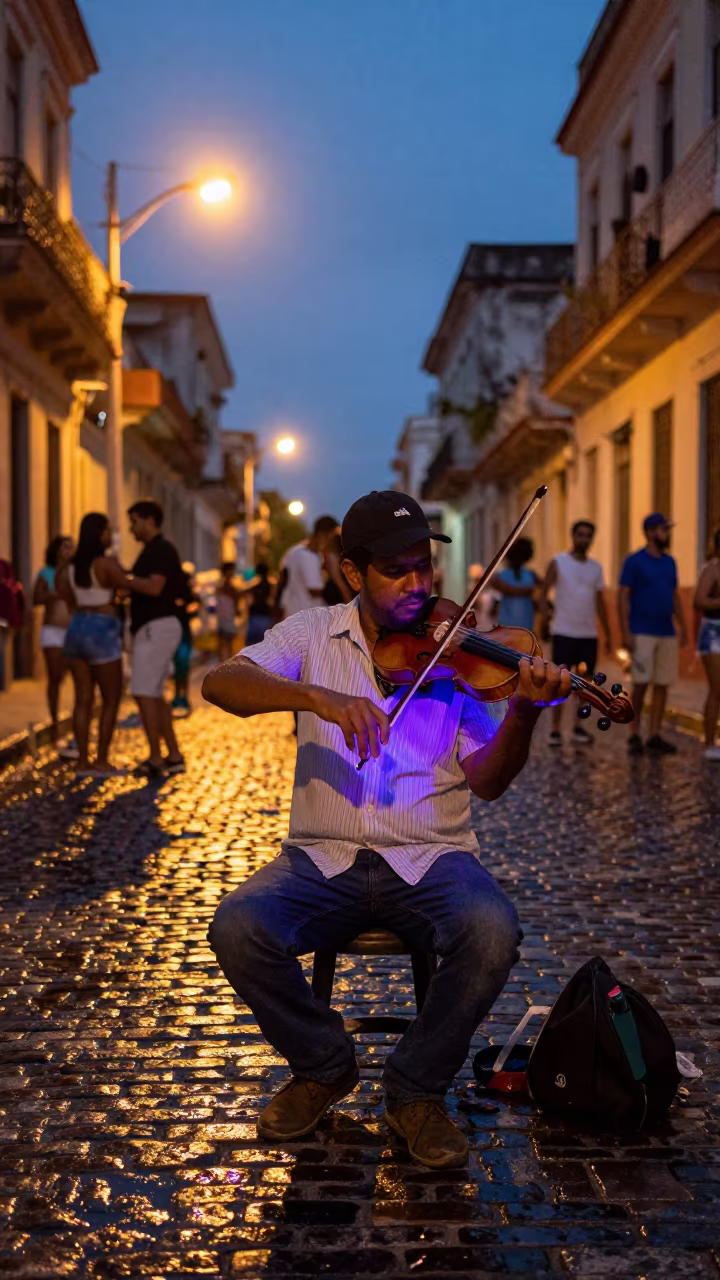 Glowing Fiddle at Havana Bayou Dance Hall in at a street corner busking spot in Havana