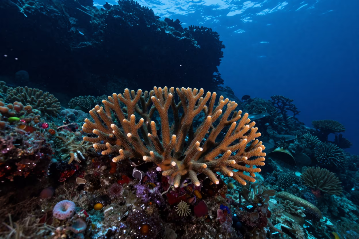 Glowing Fire Coral Amber Reef Crest Blue Hour in beside a volcanic reef overhang near Cairns