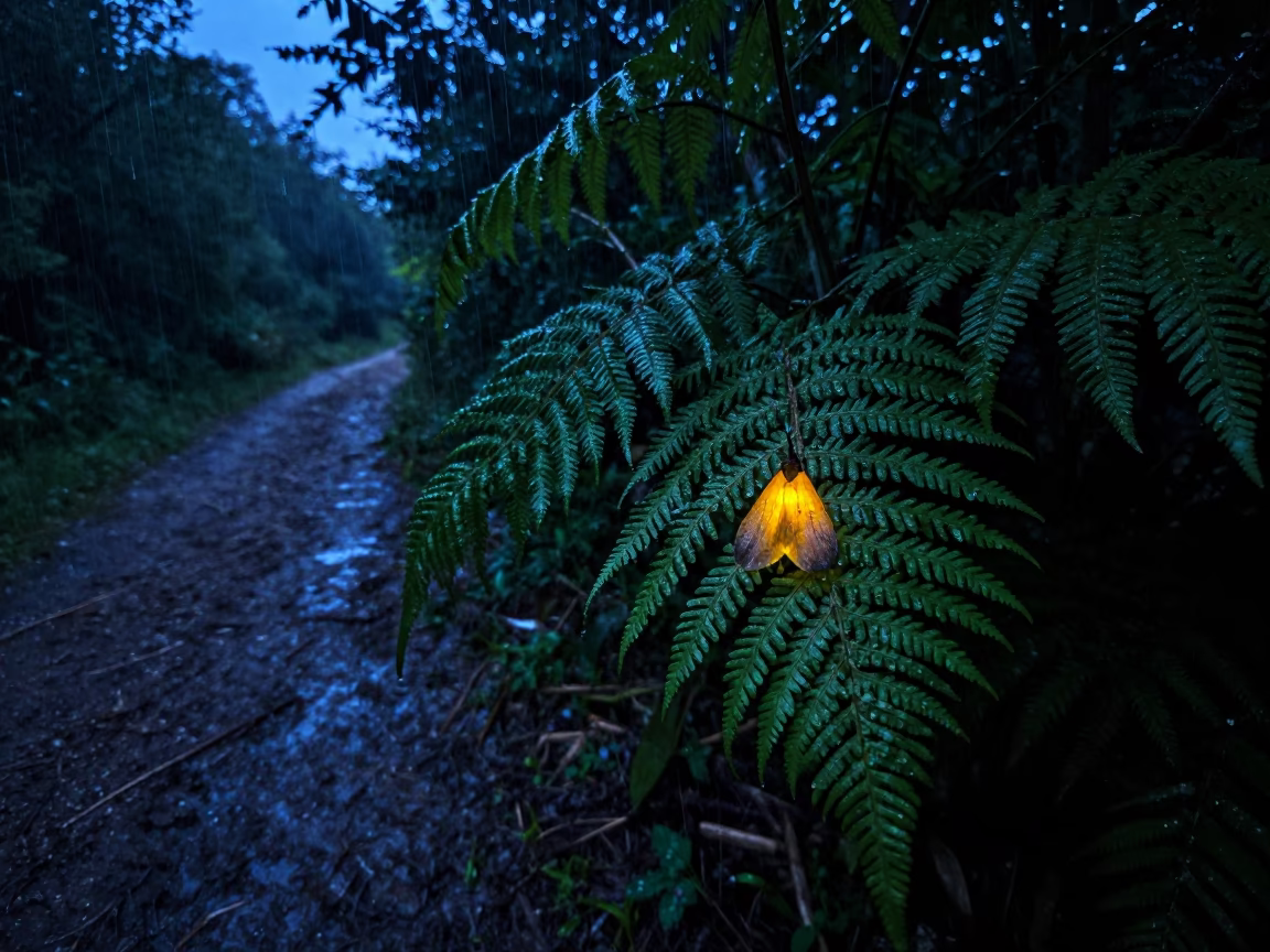 Glowing Firefly in Twilight Rain Near Prato in along a game trail near Prato