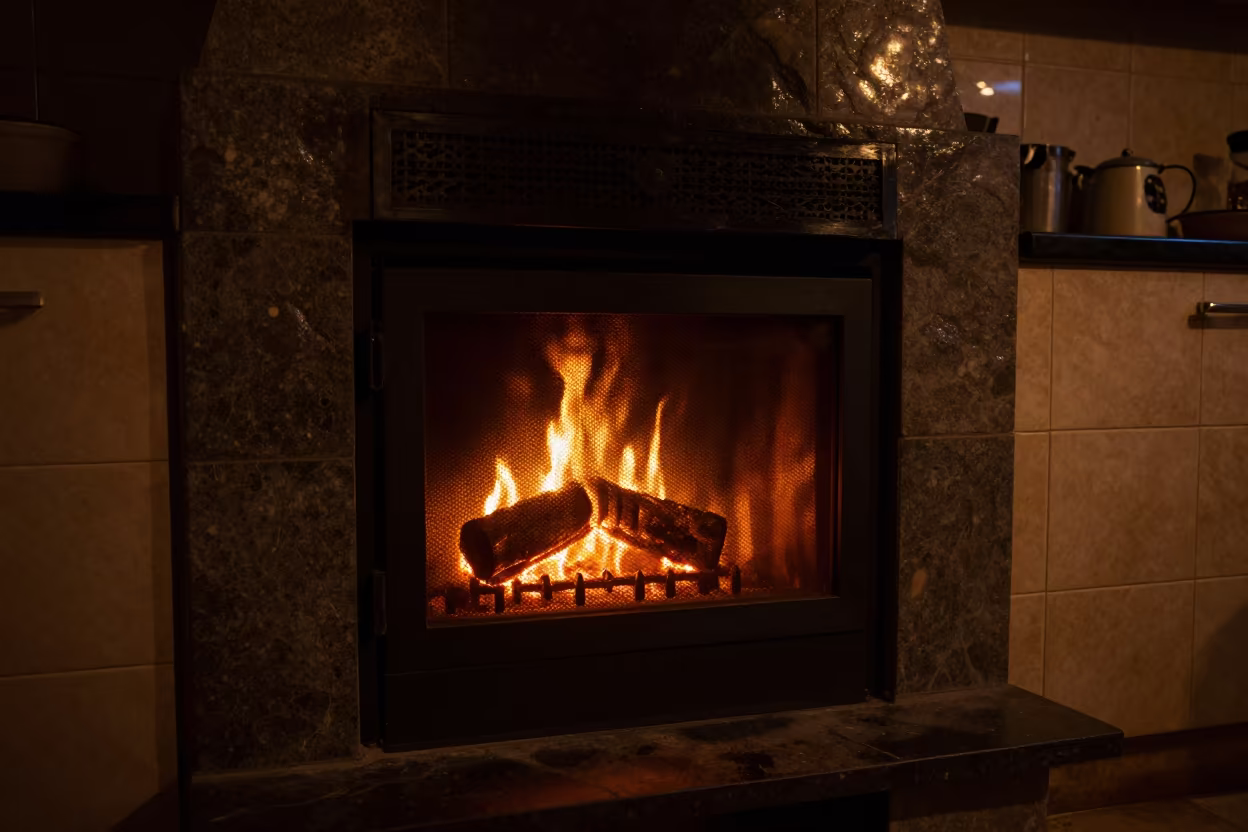 Glowing Fireplace Mesh Curtain Night Kitchen in in a cozy kitchen near Faiyum