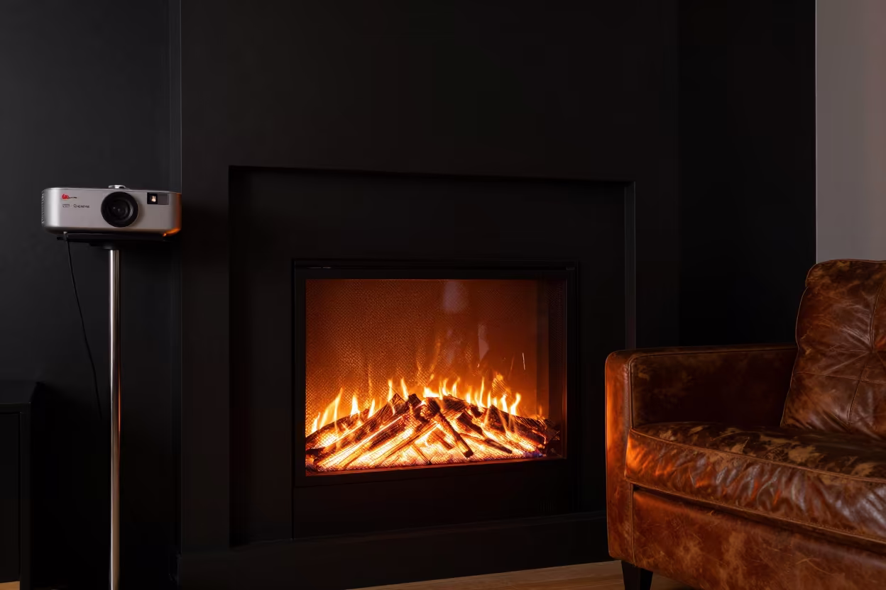 Glowing Fireplace Mesh Curtain Night in on a worn leather armchair in Seoul