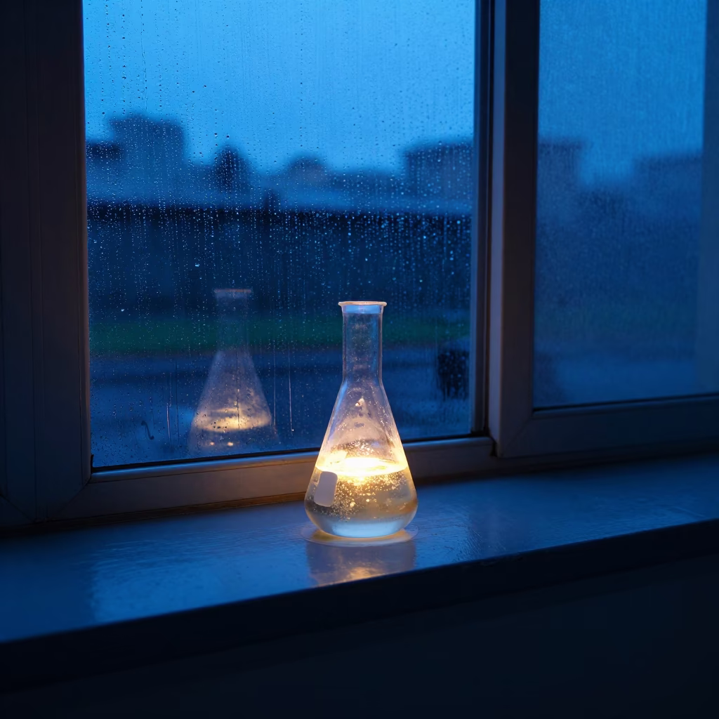 Glowing Flask on Ledge in Lusaka Blue Hour in on a painted display ledge in Lusaka