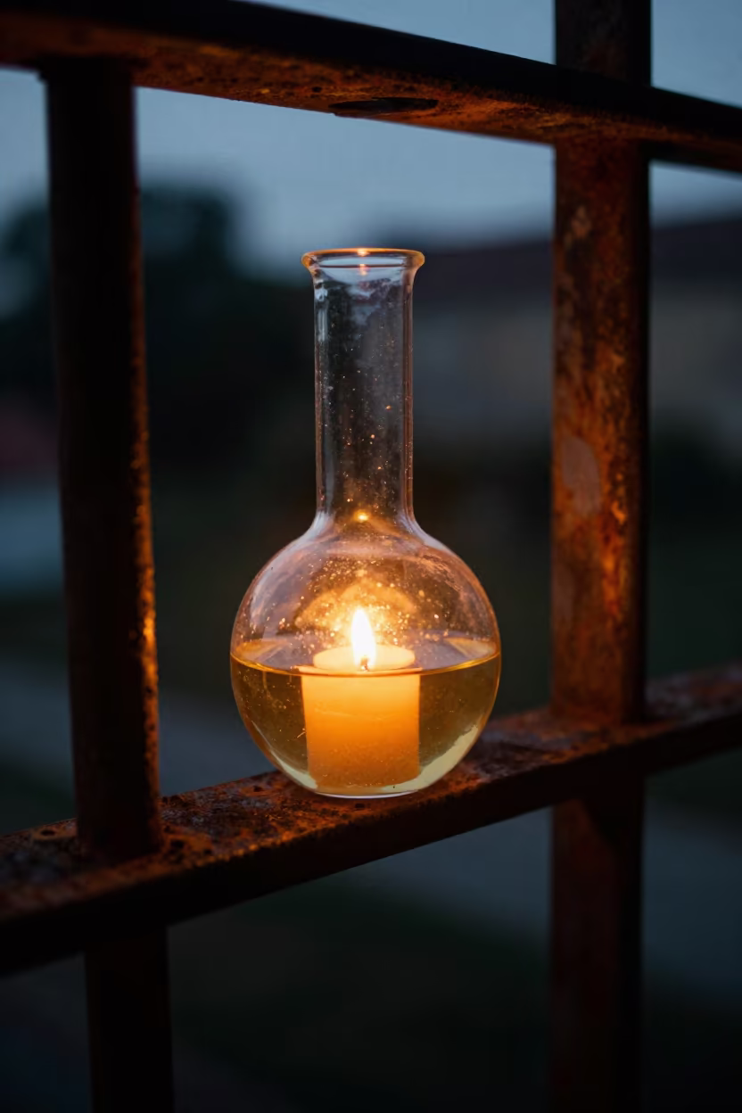 Glowing Flask on Weathered Pier Railing in on a pier railing in Magdeburg