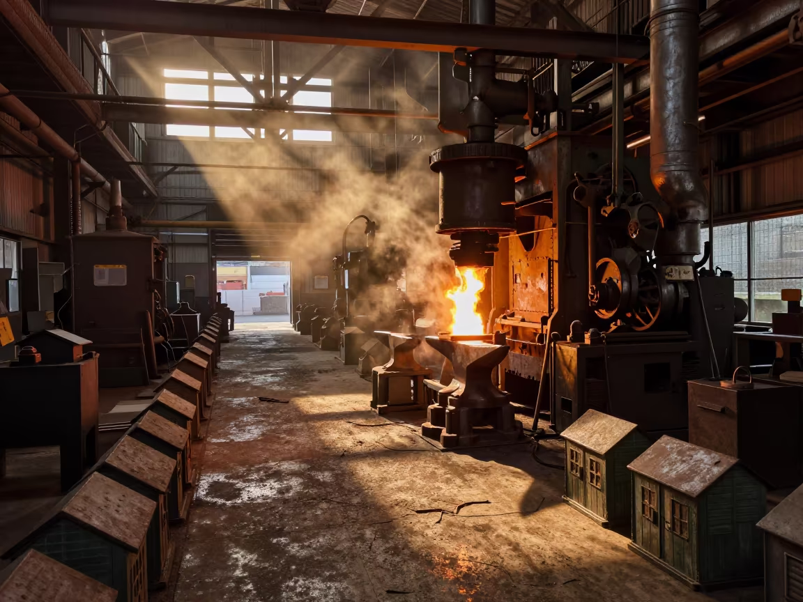 Glowing Forge with Tiny Buildings at Sunset in in a machine shop near Kingston